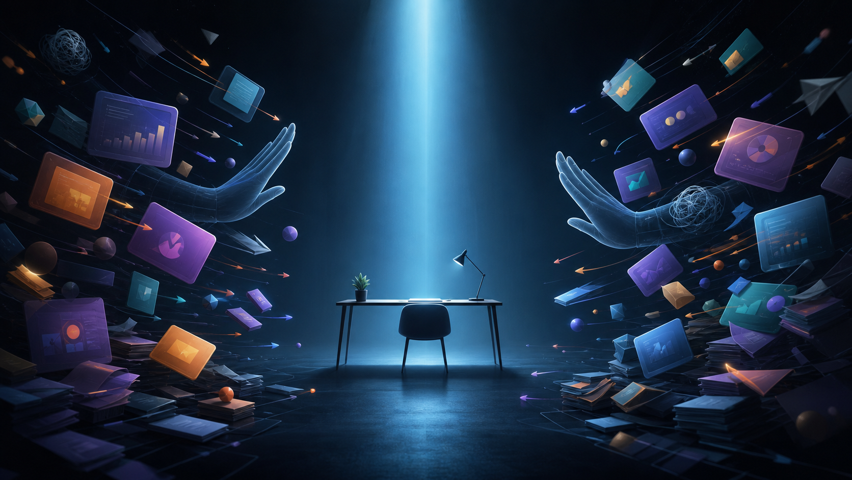 双手移开纷乱任务，让中央工作区恢复专注的原创概念插画